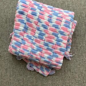 Handmade Crochet Baby Blanket Pink Blue White Plaid Tassels Soft‎ Crib